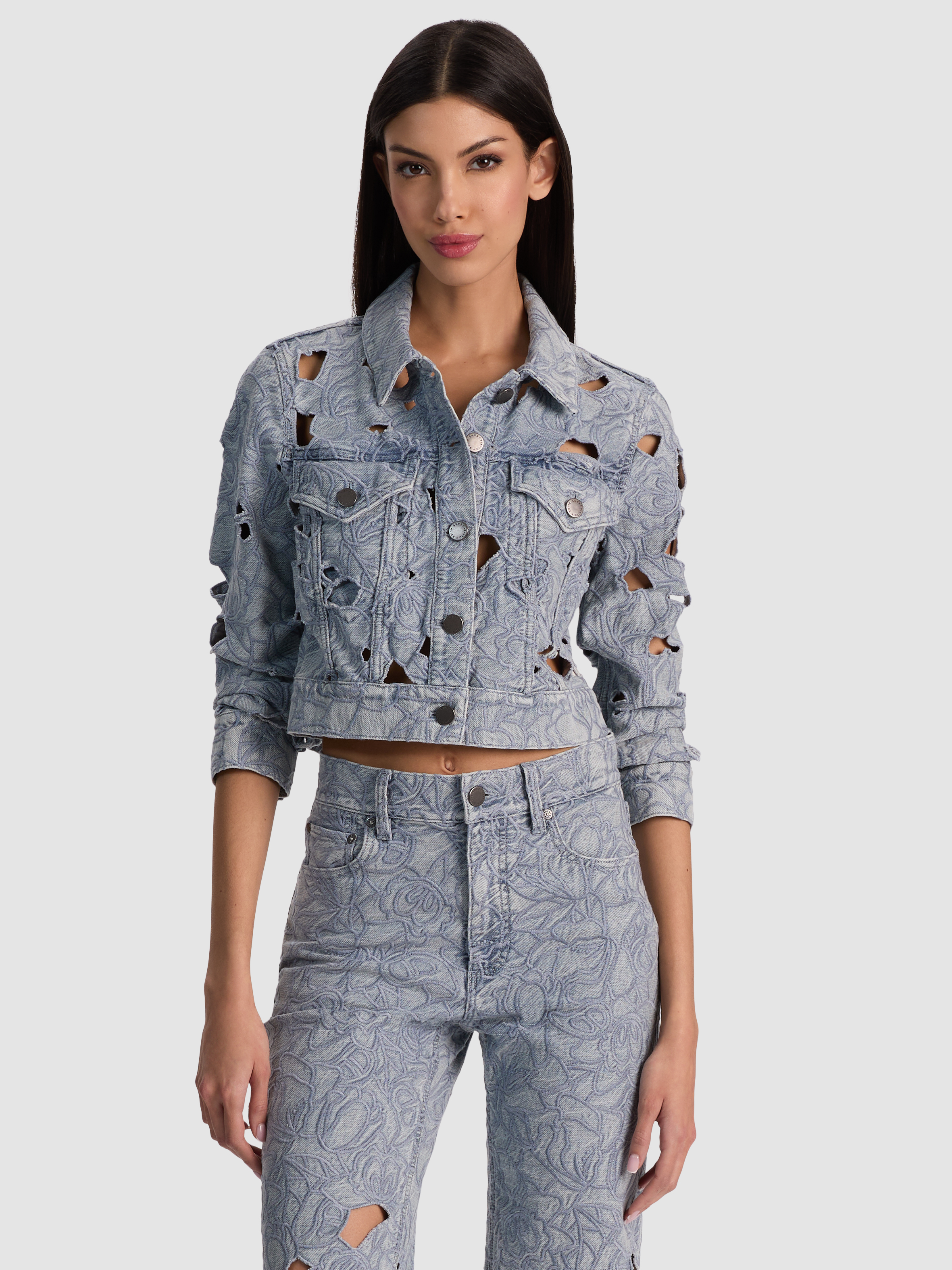 alice + olivia CHLOE LASER-CUT DENIM JACKET