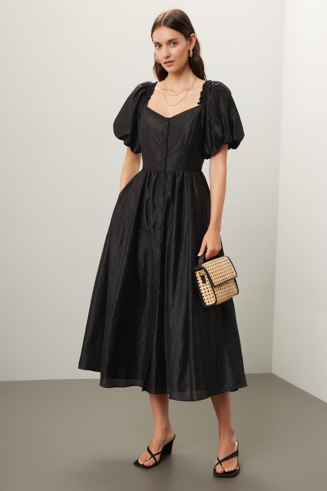 CeCe Puff Sleeve Midi Dress Black