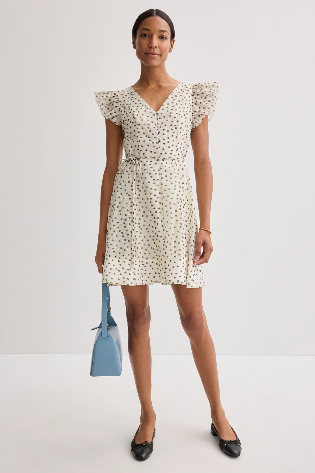 CeCe Tie Waist Flutter Sleeve Dress Cream-black-print