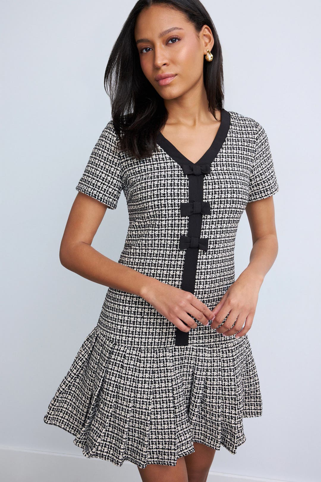 CeCe Box Pleated Combo Bow Dress Black-white-print