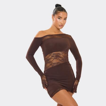 Off The Shoulder Lace Insert Detail Mini Bodycon Dress In Chocolate Brown, Women's Size