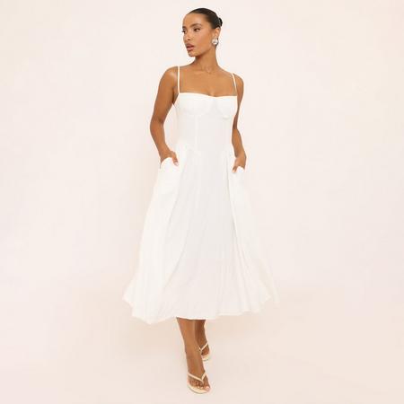 Strappy Pleated Skater Midaxi Dress In White, Women's Size