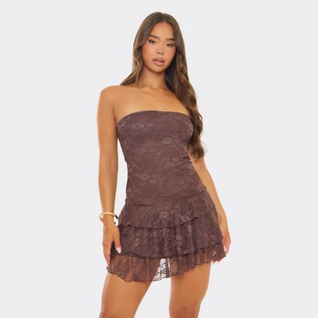 Bandeau Frill Hem Mini Dress In Chocolate Brown Lace, Women's Size