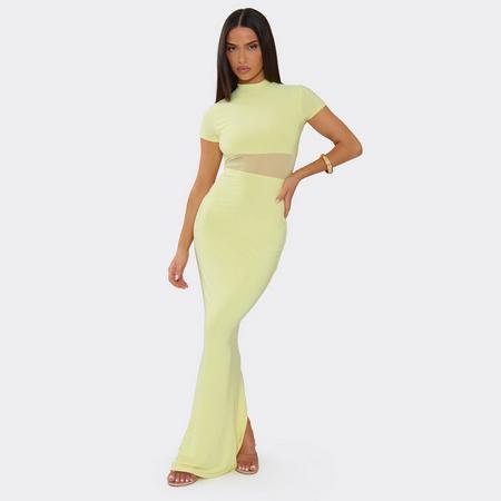 Short Sleeve High Neck Mesh Insert Maxi Dress In Yellow Slinky, Women's Size