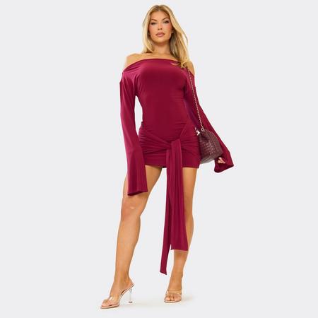 Long Flared Sleeve Drape Detail Mini Dress In Burgundy, Women's Size