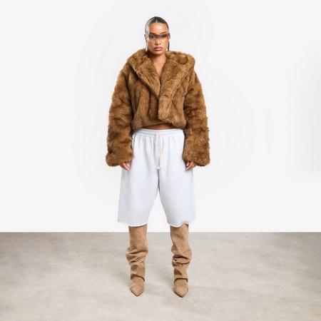 Hooded Cropped Coat In Brown Premium Faux Fur, Women's Size