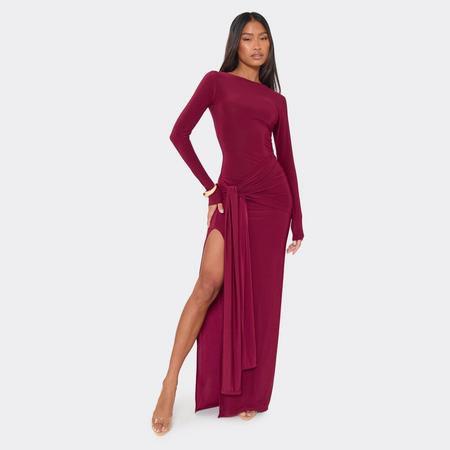 Long Sleeve Split Leg Drape Waist Detail Maxi Dress In Burgundy Slinky, Women's Size