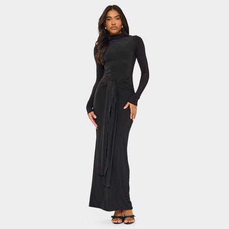 Long Sleeve High Neck Drape Detail Maxi Dress In Black Slinky In Black, Women's Size