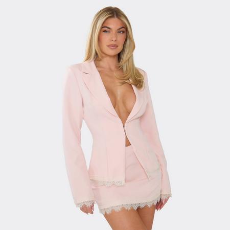 Lace Trim Longline Blazer In Baby Pink, Women's Size