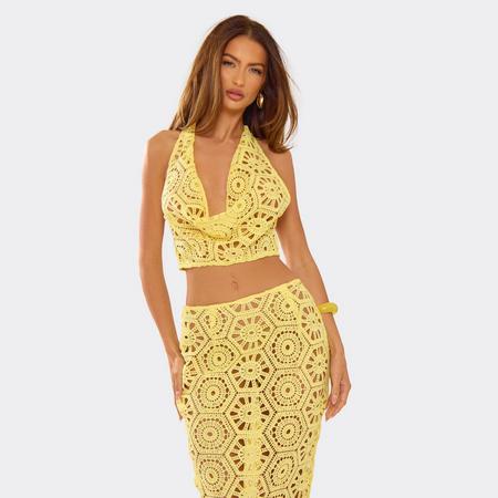 Cowl Halterneck Crop Top In Yellow Crochet, Women's Size