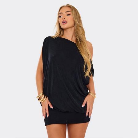 Off The Shoulder Draped Asymmetric Mini Dress In Black, Women's Size