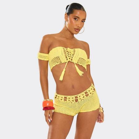 Reversible Bardot Tie Front Detail Crop Top In Yellow Crochet Knit, Women's Size