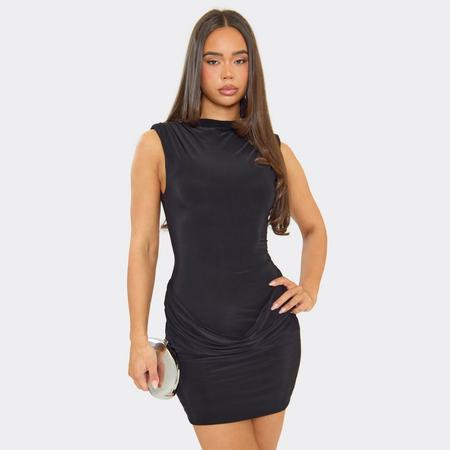 High Neck Shoulder Pad Draped Front Mini Dress In Black, Women's Size