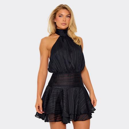 High Neck Open Back Layered Frill Hem Mini Dress In Black, Women's Size