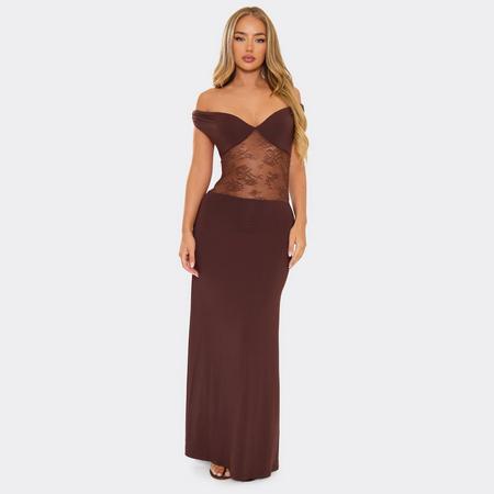 Off The Shoulder Contrast Lace Panel Maxi Dress In Brown, Women's Size