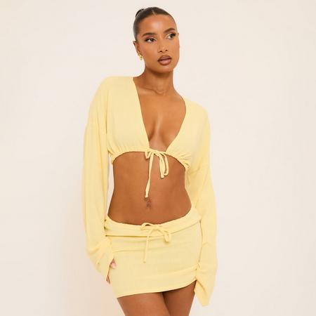 Long Flared Sleeve Tie Front Detail Crop Top In Yellow Linen, Women's Size