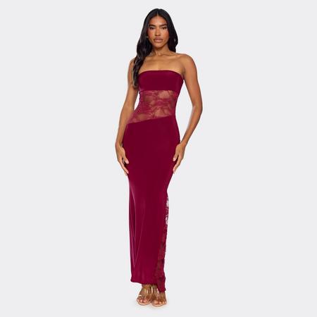 Bandeau Contrast Lace Cut Out Detail Maxi Dress In Burgundy, Women's Size