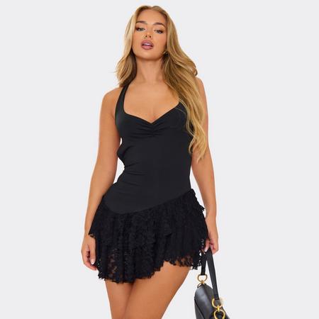 Sweetheart Neck Ruched Bust Skirt Panel Mini Dress In Black Lace, Women's Size