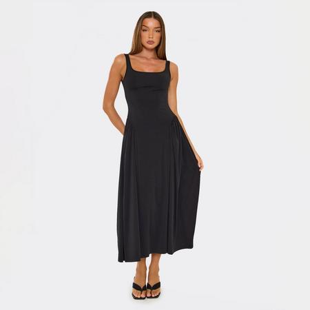 Square Neck Skater Detail Midi Dress In Black, Women's Size