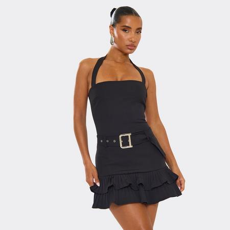 Halterneck Belt Detail Pleated Hem Mini Dress In Black, Women's Size