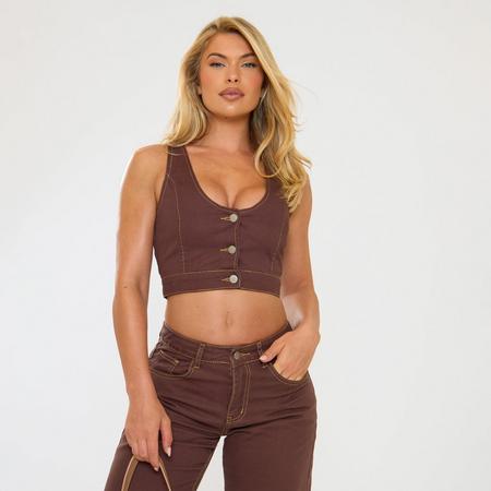 V Neck Button Down Seam Detail Crop Top In Brown Denim, Women's Size