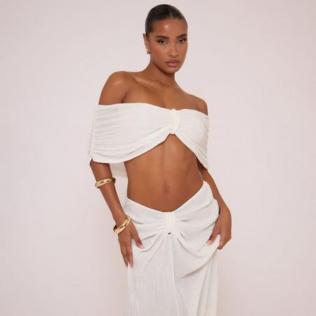 Bardot Knot Front Detail Ruched Crop Top In White, Women's Size