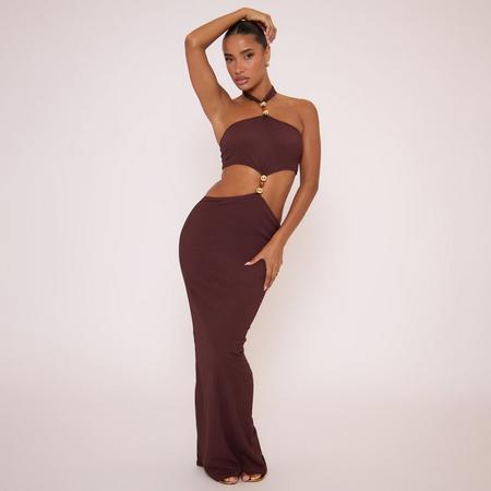 Sleeveless Bead Trim Detail Cut Out Maxi Dress In Brown Texture, Women's Size