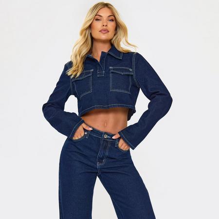 Long Sleeve Pocket Detail Crop Top In Indigo Blue Denim, Women's Size