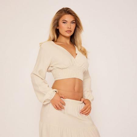Long Sleeve Elasticated Hem Detail Crop Top In Stone, Women's Size