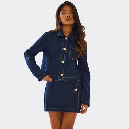 Long Sleeve Button Detail Jacket In Indigo Blue Denim, Women's Size