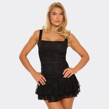 Square Neck Frill Hem Detail Mini Dress In Black Lace, Women's Size