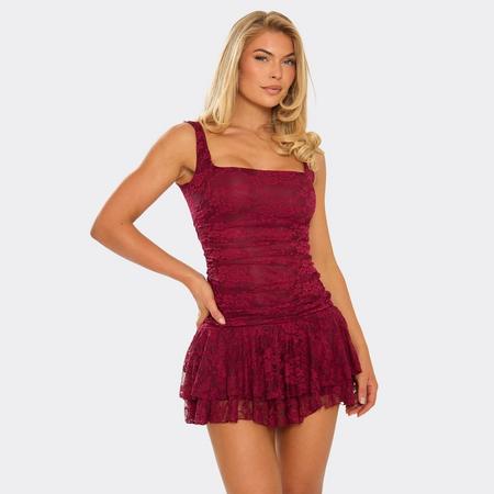 Lace Square Neckline Frill Hem Mini Dress In Red, Women's Size