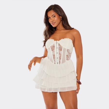 Bandeau Frill Hem Lace Corset Detail Mini Dress In White, Women's Size