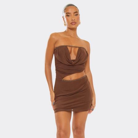 Bandeau Trim Cut Out Detail Mini Dress In Chocolate Brown Mesh, Women's Size
