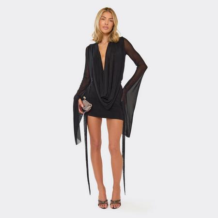 Exaggerated Sleeve Cowl Neck Open Tie Back Detail Mini Dress In Black, Women's Size