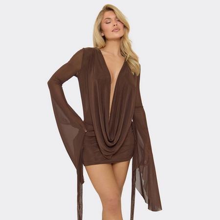 Exaggerated Sleeve Cowl Neck Open Tie Back Detail Mini Dress In Chocolate Brown, Women's Size
