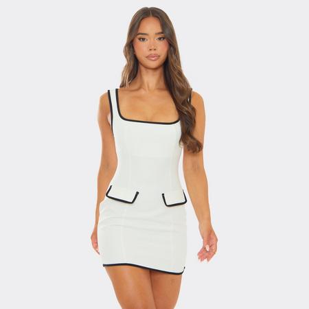 Square Neck Contrast Piping Pocket Detail Mini Dress In White, Women's Size