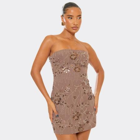 Bandeau Embellished Sequin Floral Mini Dress In Brown, Women's Size