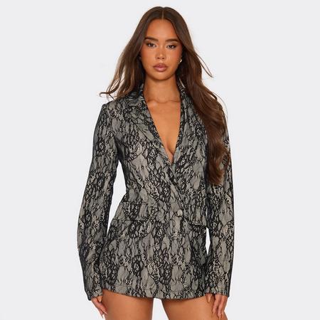 Long Sleeve Collar Button Front Detail Blazer Playsuit In Black Contrast Lace, Women's Size