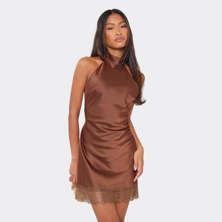 Hight Neck Low Back Lace Trim Detail Mini Dress In Brown Satin, Women's Size