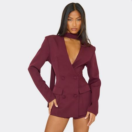 Tie Neck Plunge Blazer Detail Playsuit In Burgundy, Women's Size