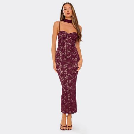 Strappy Scarf Neck Detail Midi Dress In Burgundy Lace, Women's Size