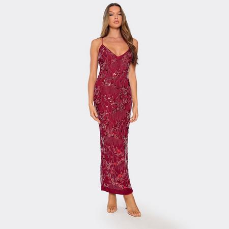 Strappy Plunge Front Embellished Detail Maxi Dress In Burgundy Sequin, Women's Size
