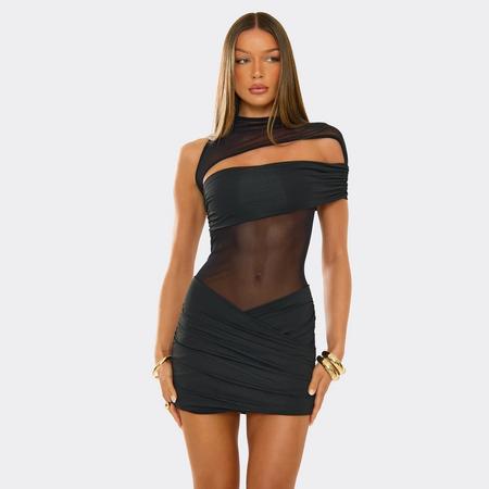 High Neck One Shoulder Cut Out Front Mini Dress In Black, Women's Size