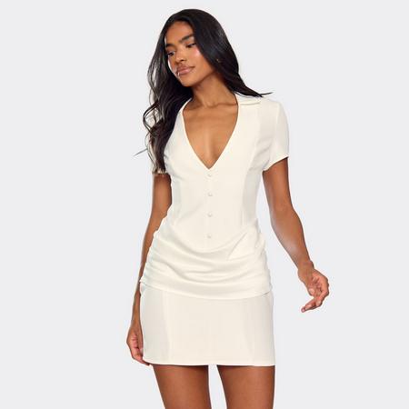 Short Sleeve Plunge Neck Drape Panel Detail Blazer Dress In White, Women's Size