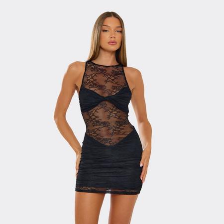Racer Neck Twist Bust Detail Mini Dress In Black Lace, Women's Size