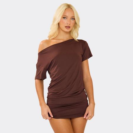 Asymmetric Short Sleeve Ruched Detail Mini Dress In Chocolate Brown, Women's Size