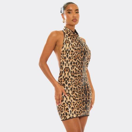 High Cowl Neck Open Back Detail Mini Dress In Brown Leopard Print Sequin, Women's Size