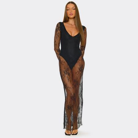 Long Sleeve V Neck Bodysuit Lining Detail Maxi Dress In Black Mesh, Women's Size