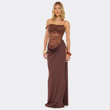 Strappy One Shoulder Contrast Lace Cowl Waist Detail Maxi Dress In Chocolate Brown, Women's Size